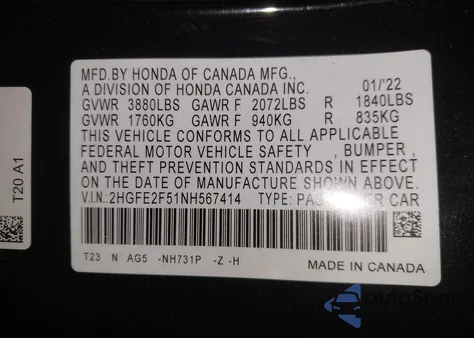 2022 Honda Civic Sport z USA, uszkodzony, nr VIN 2HGFE2F51NH567414